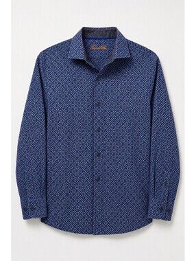 Tasso Elba Men's Blue Geometric Print Button Up Shirt 100% Cotton Long Sleeve